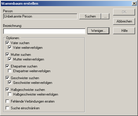 Diesen Dialog verwenden Sie zum Erstellen eines Stammbaums. Durch Eingabe des Namens wird aus den bereits gespeicherten Personen ein Stammbaum aufgebaut.