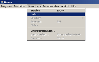 Die Funktion zum Laden eines  Stammbaums finden Sie im Menüpunkt Stammbaum - Laden