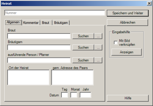 Der Heiratsdaten-Dialog ist einer der vielen Daten-Dialoge Geneas, die dazu verwendet werden, um Daten zu einem Ereignis einzugeben.