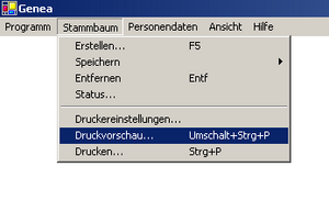 Menüpunkt Stammbaum - Druckvorschau