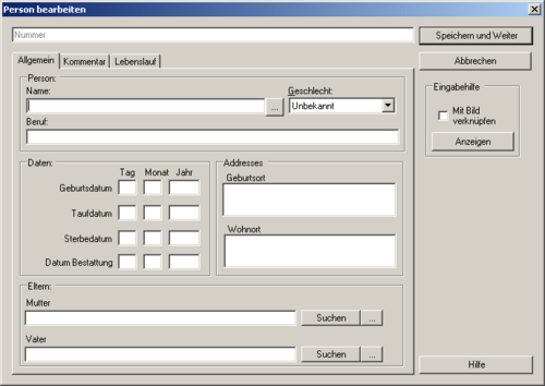 Der Personendaten-Dialog wird zum Eingeben einer kompletten Person verwenden, was vor allem dann sinnvoll ist, wenn viele Daten zu einer Person bekannt sind.