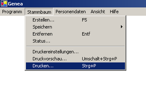 Menüpunkt Stammbaum - Drucken