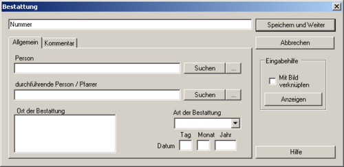 Der Dialog zum Eingeben von Bestattungs-Daten