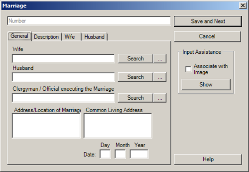 The Marriage-Data-Dialog is used to enter information about a marriage, as the other data dialogs do likewise.